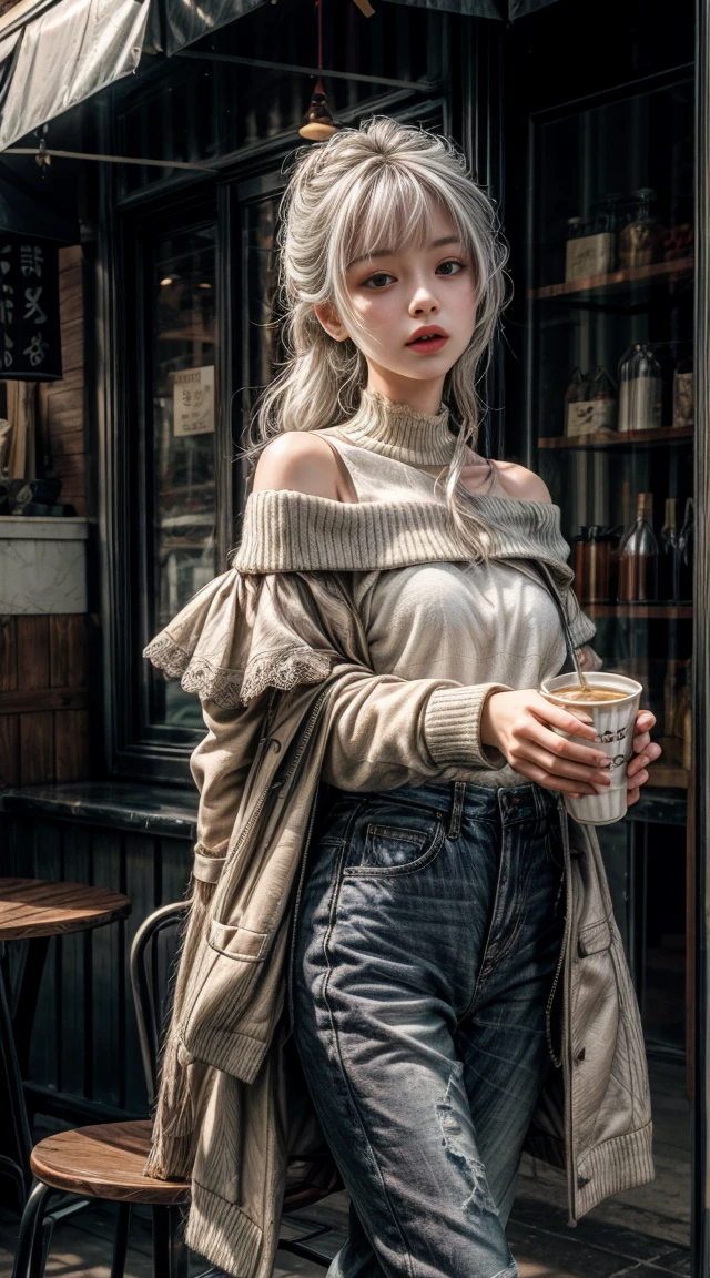 Half Body,original photo,next to empty table,Drink lemon juice,Gray lace,White hair,outdoor,Burgundy leather coat,Off-shoulder,Long silver hair,In front of the milk tea shop