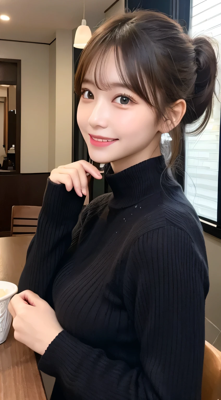 Tabletop, highest quality, shape, Very detailed, finely, High resolution, 8k wallpaper, Perfect dynamic shape, Finely beautiful eyes, Elegant and gorgeous winter clothes,ponytail,small breast natural color lip, Bold sexy pose,smile,Harajuku、20-year-old girl、cute、sexy shot looking at camera、 (Get closer to the face, Make your face bigger, Face Focus:1.0), break, (masterpiece, highest quality, Very detailed, Detailed face, 8k)