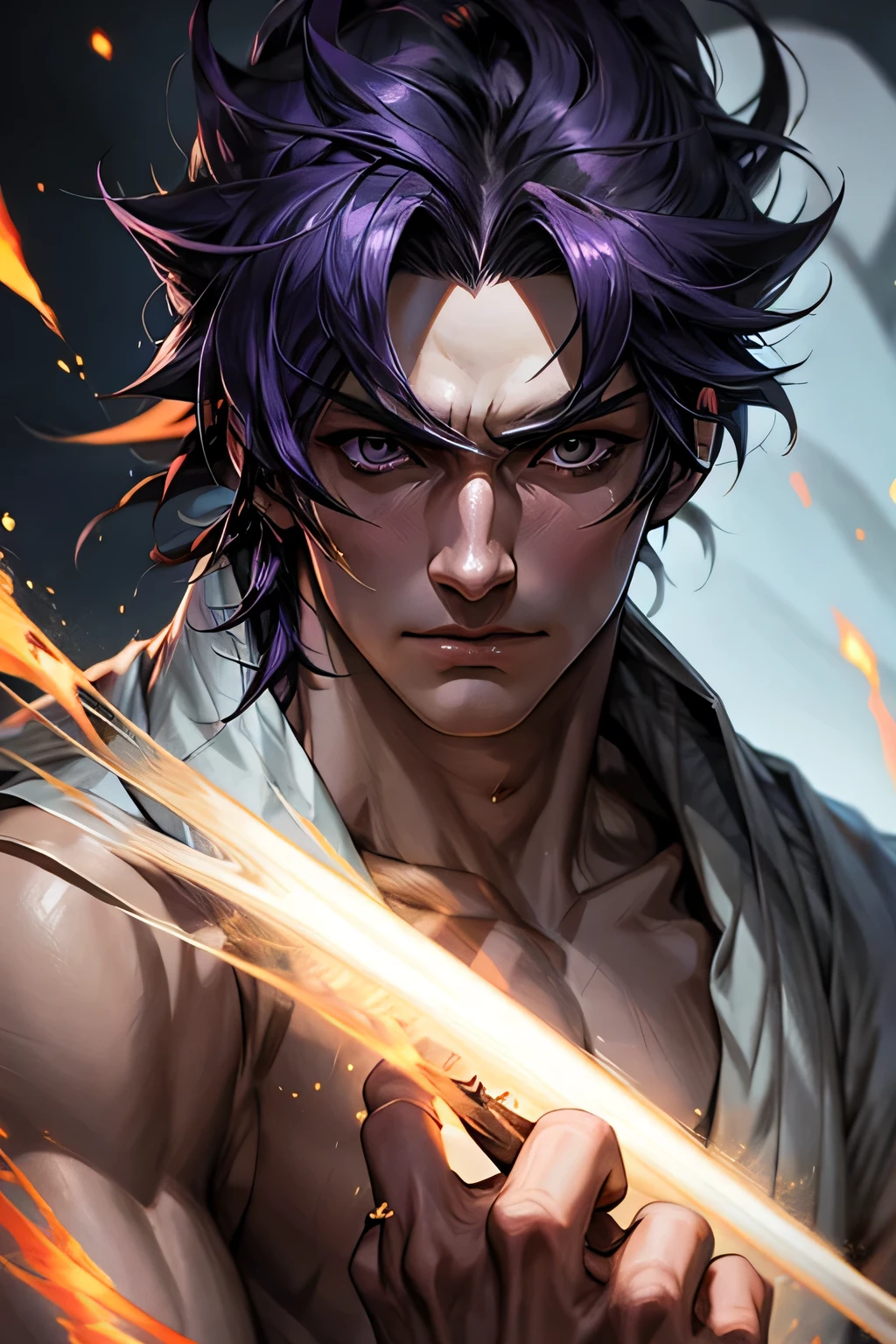 (masterpiece, 最high quality:1.2),One boy,alone,(Sōsuke Aizen),close,Cool pose,bleach, Powerful aura, Purple aura,8k,64k, High resolution, unparalleled masterpiece, Dynamic Lighting, Cinematic, amazing, (Upper body portrait)、masterpiece, 最high quality, high quality, High resolution,