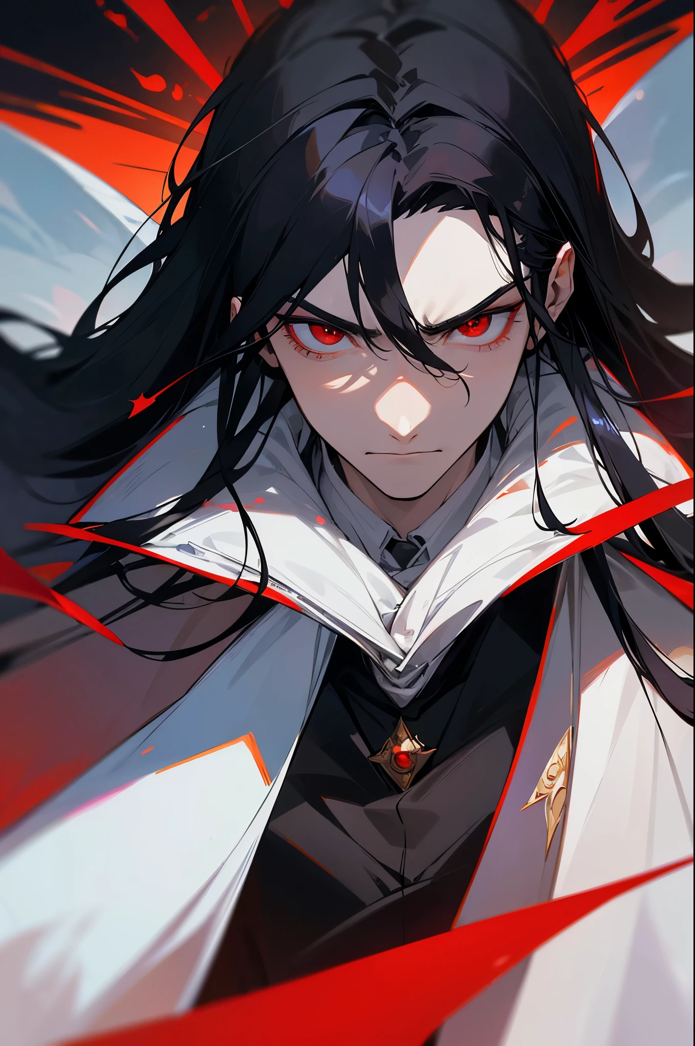 "Create an artwork of Alfred, King of the Gods and Emperor of the Humans, with sharp red eyes and flowing black hair. He wears regal attire reminiscent of celestial royalty, exuding an aura of both power and arrogance. Capture the essence of his somber and disdainful demeanor as he gazes upon the mortal realm from his heavenly throne."