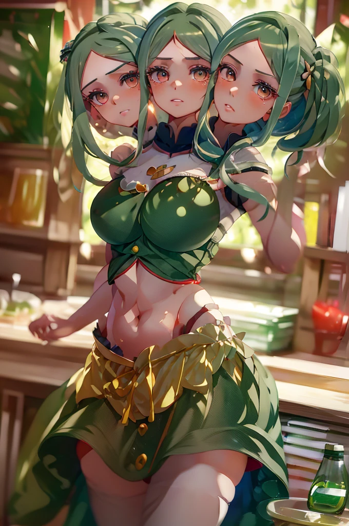 (masterpiece, best quality), best quality, (ultra-detailed), (3heads:1.5), 1girl, (mai tereida:1.3), masterpiece, best quality, ultra quality, ultra resolution, dark green top, crop top, ((stomach)), midriff, ((groin)), dark green skirt, normal ears, shackles, reseda green hair, very long hair, wavy hair, long sidelocks, pea colored eyes, parted lips, single horn, sweat, cute, toned belly, hand on own chest, eyelashes, (24 year old woman:1.3), (masterpiece:1.5), (best quality:1.5), (beautiful detailed), extremely detailed CG, extremely delicate and beautiful, depth of field, (finely detailed face), (perfect details:1.2), (mature female:1.3), wide pelvis, slender, large veiny breast, 16k resolution, highres, very high quality, very high definition, extremely detailed, masterpiece, reseda green hair, long hair, alluring presence, braid, short skirt, close up, very big tits, huge tits, young, waist apron,
