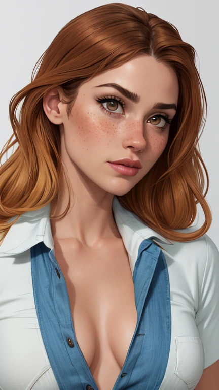 Character style illustration style Completely bare breasts showing small fear Breast size Cartoon name: Isabella Cruz white background medium breasts freckled face Hermione Granger actress strong contours Physical description - long straight hair, tingidos de um marrom vibrante que contrasta com sua pele clara. - You reflect a mix of curiosity and determination. - Ela tem uma estatura alta, with a slender and agile figure, evidenciando sua agilidade e destreza. -fundo colorido Design de personagens de retrato, beautiful digital illustration, retrato de alta qualidade, Arte em quadrinhos, Corpo inteiro sensualizando ou pelada. folha de retorno. return sheet member clothes of the day hell day expression love wearing sadomasochistic clothes