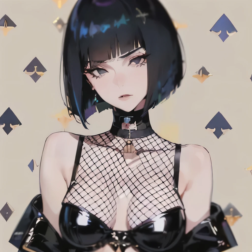 Hot girl, baddie, off shoulder, staring, glaring, shin raised up high, bad attitude, mean girl, dare, pastel back hair, dark black eyes, bob haircut , gothic, fluffy hair, fishnet