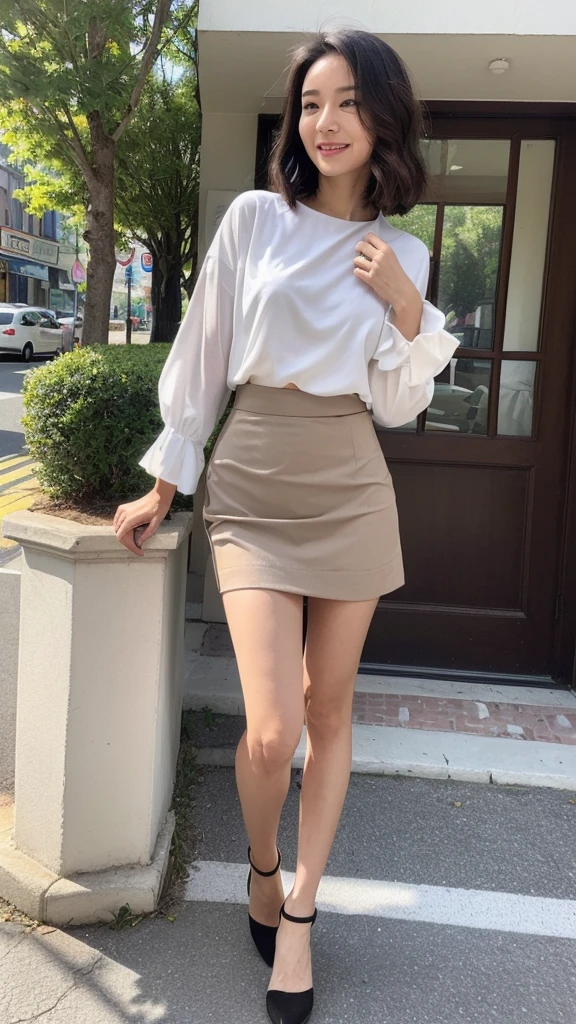 NSFW, ((highest quality)), ((8K)), ((Masterpiece: 1.3)), (Perfect appearance), (Photorealism: 1.6), (One woman in a suit standing on the sidewalk), Cityscape , Sunny, Morning, Cityscape, Sunny morning, Japanese woman, 47 years old, (Realistic skin texture)), (Overall skin fine lines: 1.3), (Skin dullness: 1.1), (Skin without moisture) : 1.2), (Wrinkles on the face: 0.9), (Wrinkles at the corners of the eyes: 1.2), Double eyelids, Tear bag on the lower eyelid, (Crying mole: 0.9), Eyes are facing towards me, Serious look, ( Dimples: 1.2), medium-length hairstyle, gentle smile, The eyes are looking here, short hairstyle, soft fabric blouse, wide sleeves, Cuffs that fit your wrist, (The hem of the blouse is tucked into the skirt: 1.2), flare skirt, high heels, (whole body: 1.4),