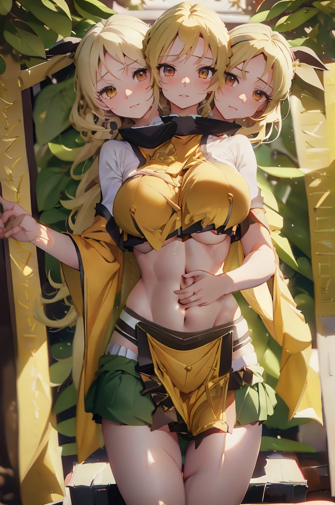 (masterpiece, best quality), best quality, (ultra-detailed), (3heads:1.5), 1girl, (okina matara:1.3), masterpiece, best quality, ultra quality, ultra resolution, ultra detail, yellow-orange top, crop top, ((stomach)), midriff, ((groin)), green skirt, normal ears, shackles, blonde hair, very long hair, wavy hair, sidelocks, yellow eyes, parted lips, open belly, sweat, very cute, toned belly, hand on own chest, eyelashes, (27 year old woman:1.3), (masterpiece:1.5), (best quality:1.5), (beautiful detailed), extremely detailed CG, extremely delicate and beautiful, depth of field, (finely detailed face), (perfect details:1.2), (mature female:1.3), wide pelvis, slender, large veiny breast, 16k resolution, highres, high quality, high definition, extremely detailed, masterpiece, blonde hair, long hair, alluring presence, braid, short skirt, close up, big tits, young, three-point hat, nsfw,