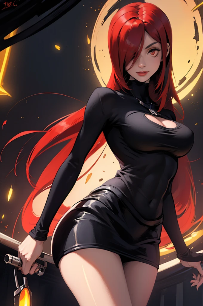 (mejor calidad, Obra maestra), 1 chica, mirando abajo, viento, Particle, fondo sencillo, humor oscuro, parte superior del cuerpo, parasoul de skullgirls, en un palacio, luces de fondo, red hair, ((long hair)), (red eyes), medium breast, ((black clothes)), smile, gun