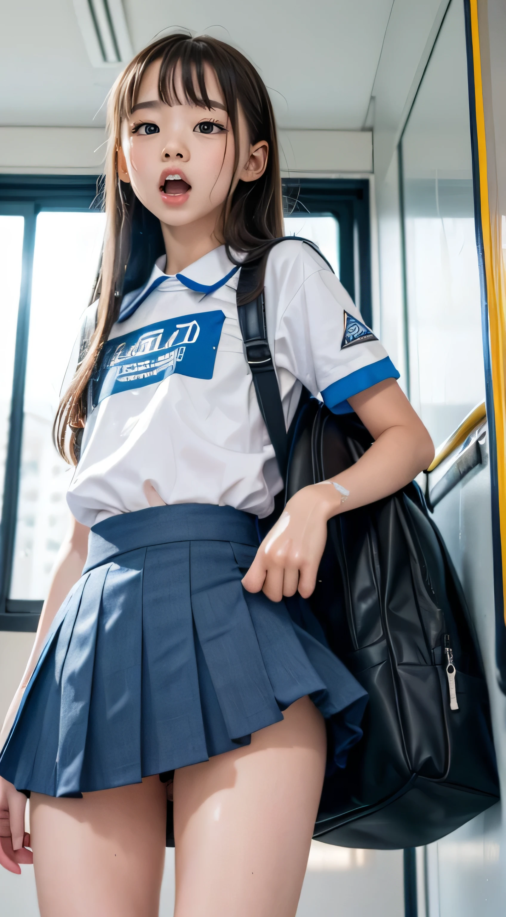 10-year-old girl，Thin and thin，long hair details，wearing a school bag，，ultraclear，Top image quality，elementary student，cleanness，Sweat Wet，Standing in schoolbus，legs long，nsfw, legs apart, mouth open, tongue out, surprised look, showing vagina, 