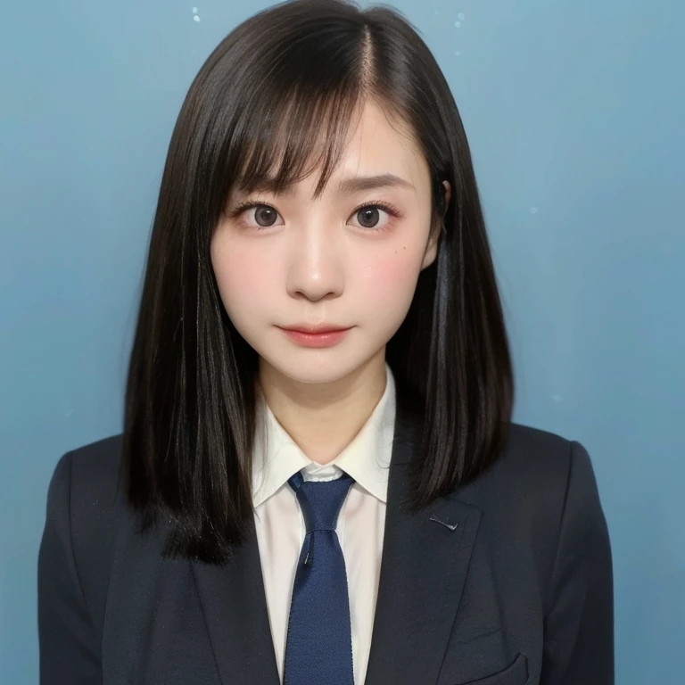 (kawaii 24 year-old Japanese girl, Nogizaka idol, Korean idol), (glossy black hair, short bob, aligned and symmetric hair length:1.3), (pure black eyes, rounded face, single eyelid, no makeup, serious expression:1.2), (wearing suit jacket, collared shirt, necktie:1.3), (extra small breasts:0.9), (looking at viewer:1.2), BREAK, (simple blue background, yearbook background:1.3), (portrait, id photo, bust shot, view from vertically straight forward:1.3), (enough upper margin of background:1.3), BREAK, (masterpiece, best quality, photo realistic, official art:1.4), (UHD, 8K quality wallpaper, high resolution, raw photo, golden ratio:1.3), (shiny skin), professional lighting, physically based rendering, award winning, (highly detailed skin, extremely detailed face and eyes), Carl Zeiss 85 mm F/1.4, depth of field, 1girl, solo,