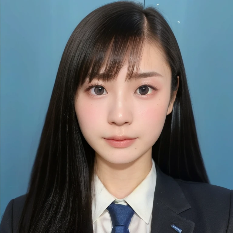 (kawaii 24 year-old Japanese girl, Nogizaka idol, Korean idol), (glossy black hair, short bob, aligned and symmetric hair length:1.3), (pure black eyes, rounded face, single eyelid, no makeup, serious expression:1.2), (wearing suit jacket, collared shirt, necktie:1.3), (extra small breasts:0.9), (looking at viewer:1.2), BREAK, (simple blue background, yearbook background:1.3), (portrait, id photo, bust shot, view from vertically straight forward:1.3), (enough upper margin of background:1.3), BREAK, (masterpiece, best quality, photo realistic, official art:1.4), (UHD, 8K quality wallpaper, high resolution, raw photo, golden ratio:1.3), (shiny skin), professional lighting, physically based rendering, award winning, (highly detailed skin, extremely detailed face and eyes), Carl Zeiss 85 mm F/1.4, depth of field, 1girl, solo,