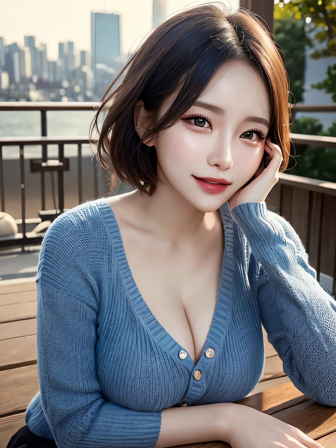 Tabletop, highest quality, Photorealistic, In detail, High resolution, 8k wallpaper, Perfect dynamic composition, Beautiful fine details, Short Hair, Random sexy poses,Random Situation、Tight knitwear、Breast bulge、Laughter、Cityscape、40 years old、(Droopy Eyes 1.3)、Adult Beauty、Natural Makeup、Japanese