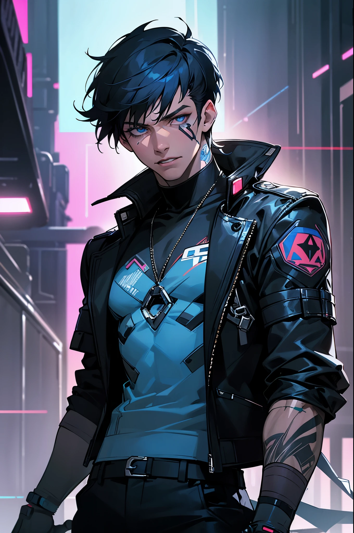 white man singing (Ricky Martin pov), royal blue short cut hair, designer stub hair, super detail eyes, perfect eyes, handsome, crazy face, 1 cyborg arm,black jacket, cibernetic accessories, black pants, tattoos, rockstar style, backlight, night, neon, flare, Cyberpunk nighttime scenarium, cyber prosthetics