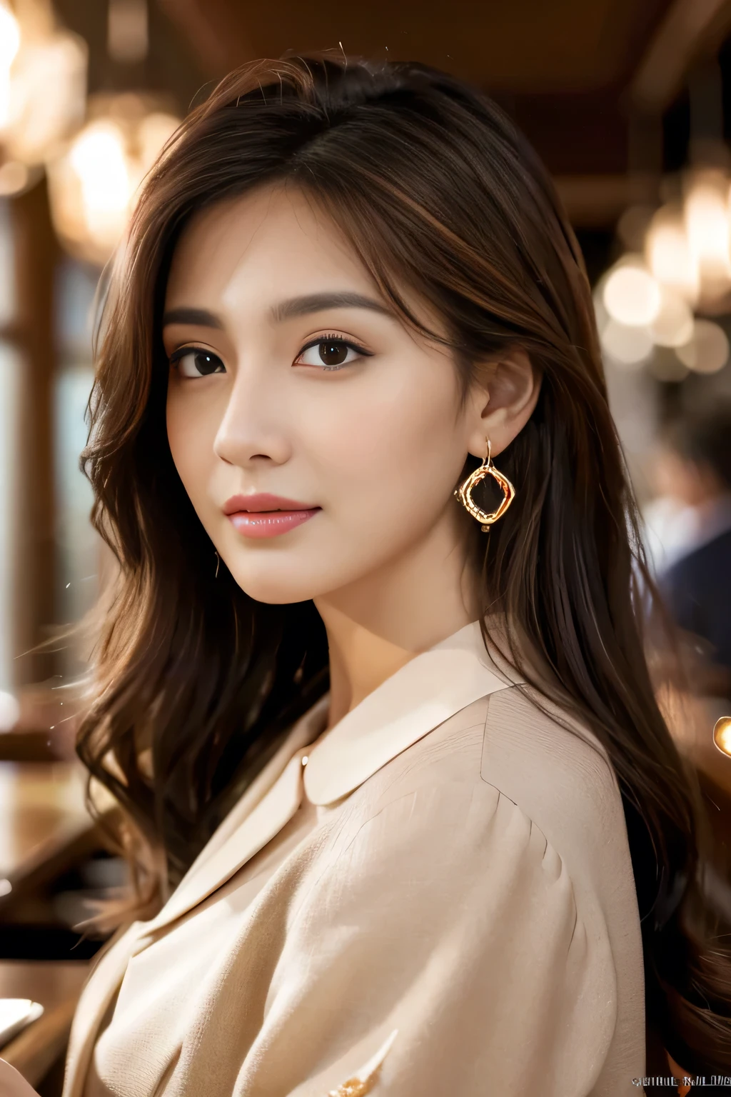 masterpiece, highest quality, Realistic, Very detailed, The finer details, High resolution, 8k wallpaper, One beautiful woman, Wear casual business attire, In a great restaurant, At night, Light brown messy hair, Perfect dynamic composition, Beautiful and beautiful eyes、Big earrings、
