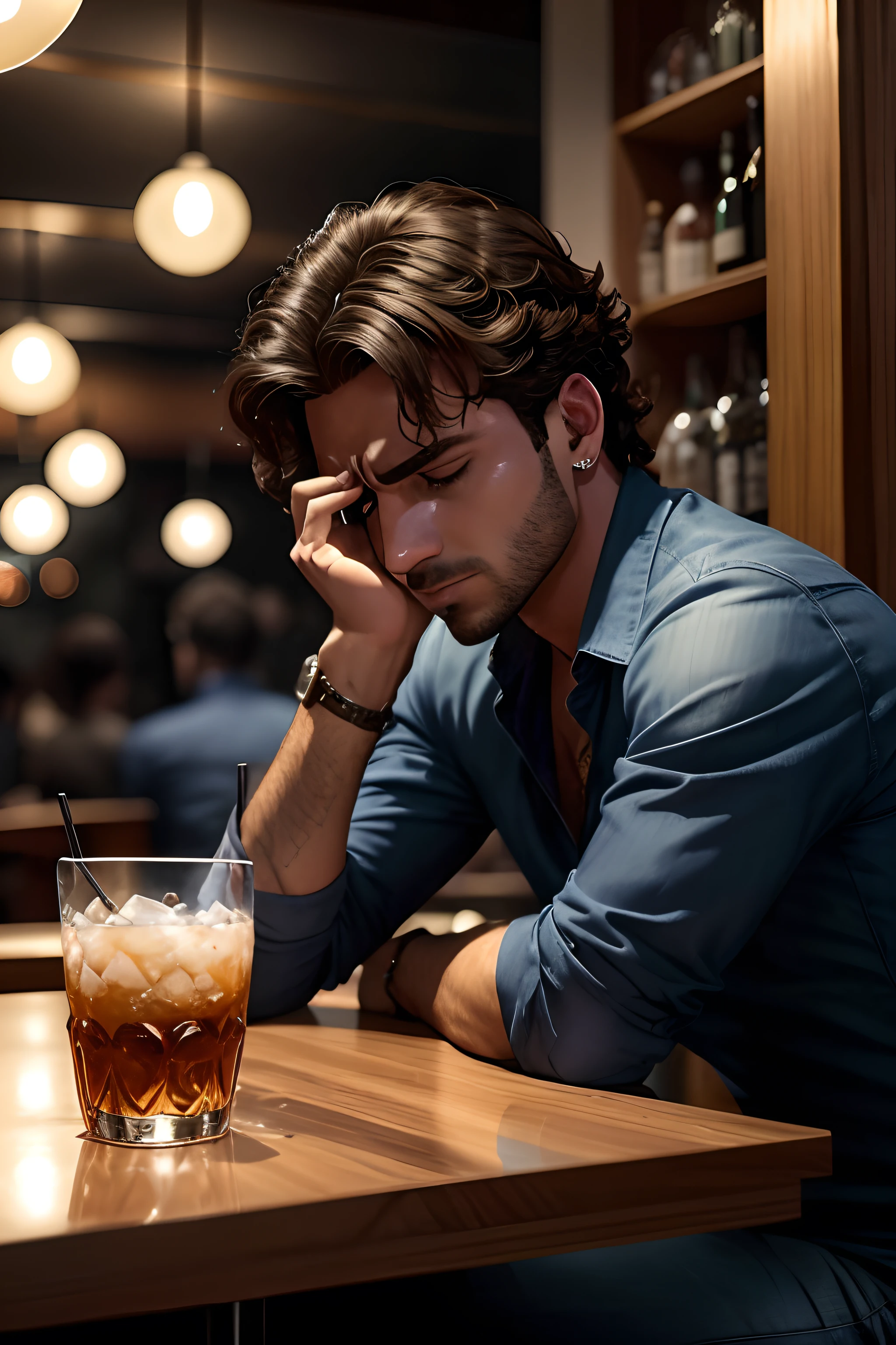 homem arafed sentado em uma mesa com uma bebida em um copo, sentado sozinho em um bar, portrait of an alcoholic, homem triste, com uma bebida, beber no bar, sentado em um bar, em um bar, sentado no bar, serious dramatic pose, em um bar, drinking whiskey, olhar triste, muito realista, homem bonito