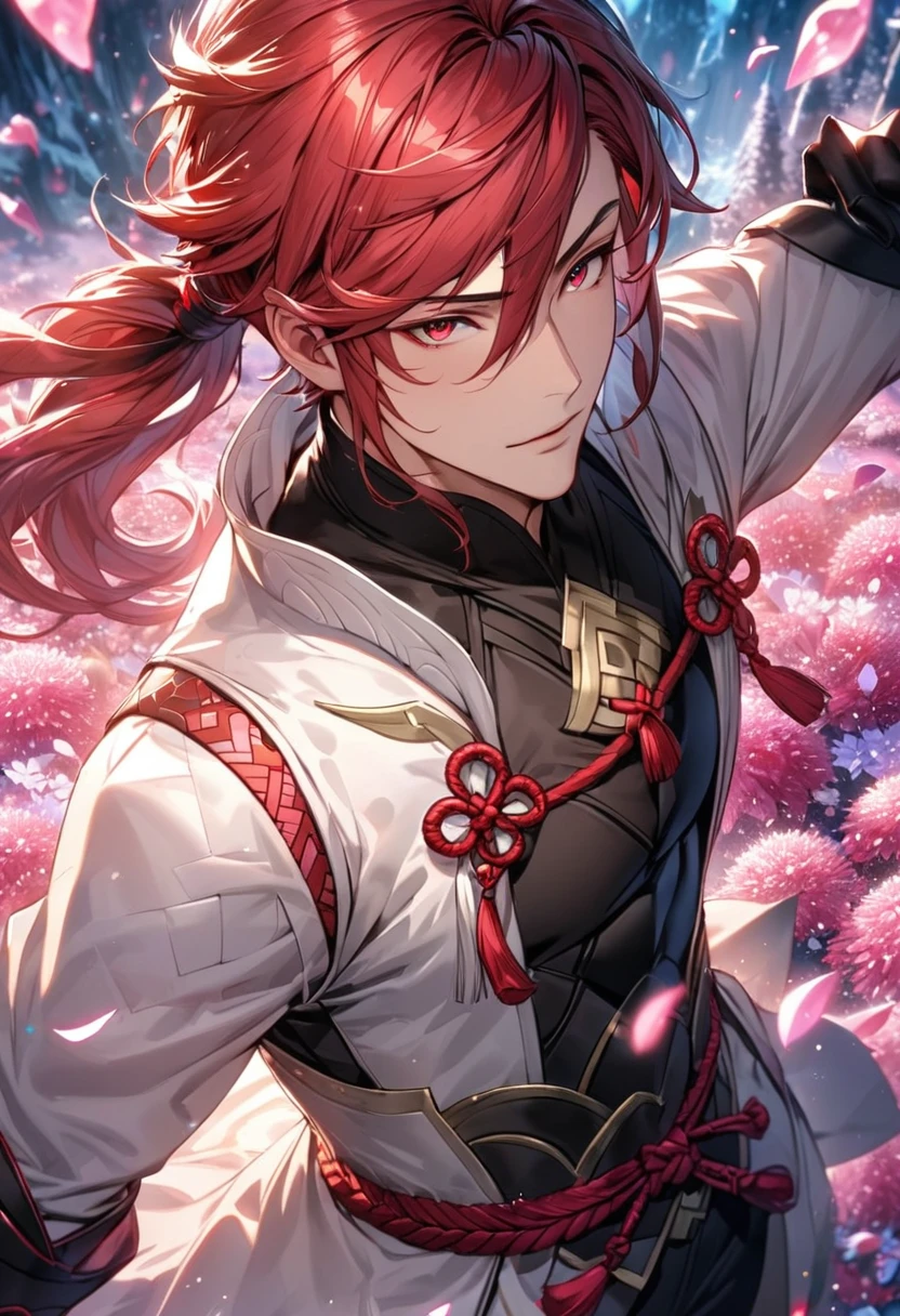 Ultra detailed, Highres, absurdres, HDR, Subaki, red hair tied in a ponytail, expressive red eyes, Fire emblem Fates, white long coat with patterns, pink ice flowers, petals, extremely handsome, sexy man, solo, extremely detailed eyes and face, black gloves, pink ice forest, pink ice butterflies, black tight t-shirt, black pants,