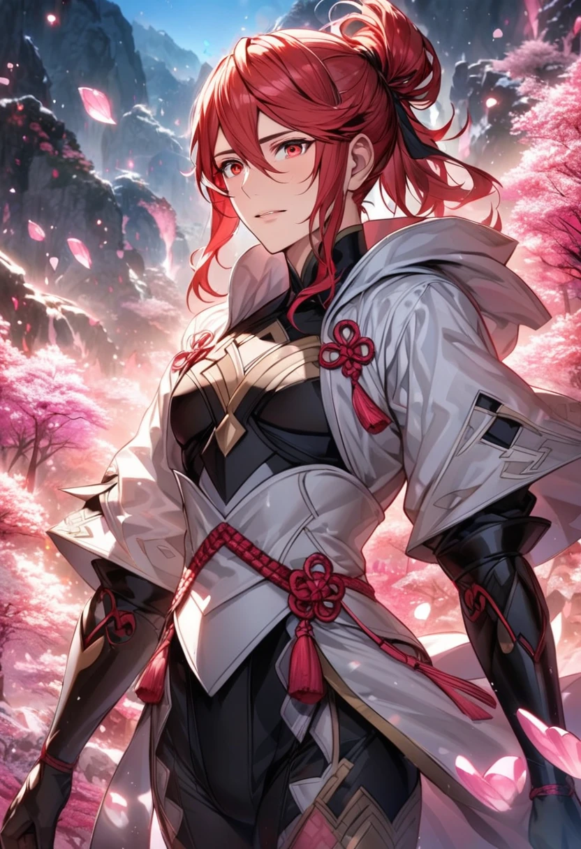 Ultra detailed, Highres, absurdres, HDR, Subaki, red hair tied in a ponytail, expressive red eyes, Fire emblem Fates, white long coat with patterns, pink ice flowers, petals, extremely handsome, sexy man, solo, extremely detailed eyes and face, black gloves, pink ice forest, pink ice butterflies, black tight t-shirt, black pants,