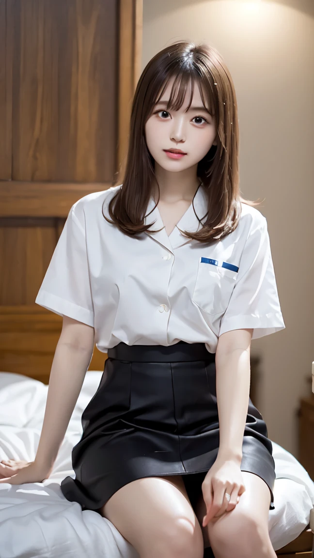 First open the legs。sit。Put your ass on the bed。You can see panties from the skirt。The cutest gravure idol pose in the world、Perfect proportions、Large Breasts, valley, cute、((18-year-old female:1.ung and adorable Japanese face,Official Art,Highly detailed CG Unity 8k wallpaper,(masterpiece:1.0),(highest quality:1.0), 超A high resolution,4k,Very detailed, photo shoot, 8K, nffsw, High resolution, Kodak Portrait 400, Film Grain, Lens Flare Glow,高いest quality,8K,nffsw:1.2),Portrait Shot,8K、Full Body Shot、Long legs、Leg spread。Nurse uniform