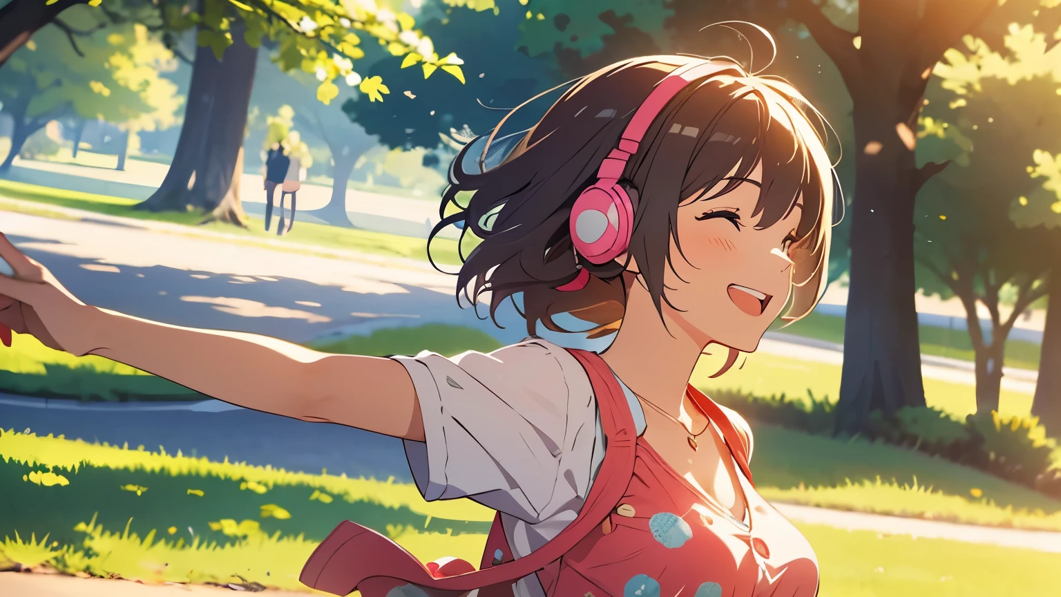 An adult woman wearing headphones happily dancing in a sunny park