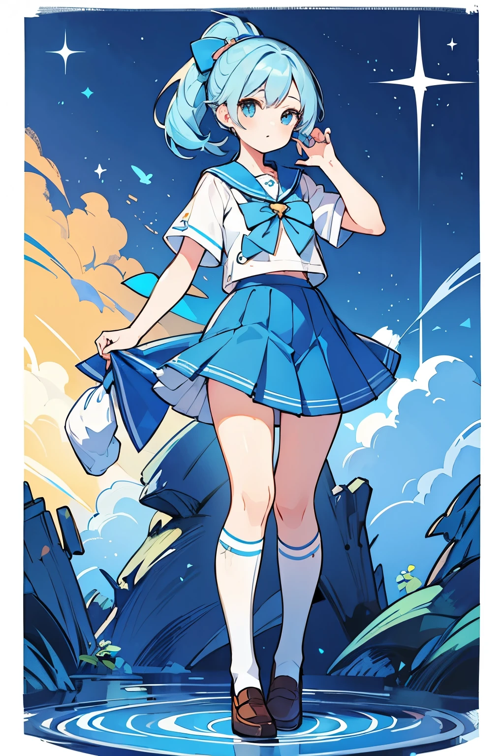 ((best quality)), ((masterpiece)), (detailed), perfect face, cute girl, light blue hair, ponytail, wearing sailor clothes, full body, skirt, knee socks