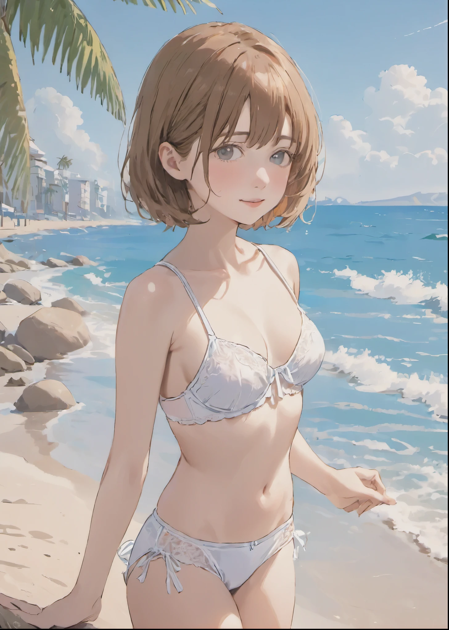 ((photorealistic background:1.5)),((Gravure idol pose:1.3)), (Small breasts:1.1), At the Beach, Palm tree, cute, Little, Kindergarteners, 5 heads, , (masterpiece, highest quality, 4K:1.2), ((One girl;1.3)), ((alone:1.0)), Beauty, cute, ((Sexy white underwear:1.3)), ((Thin panties:1.3)) , 