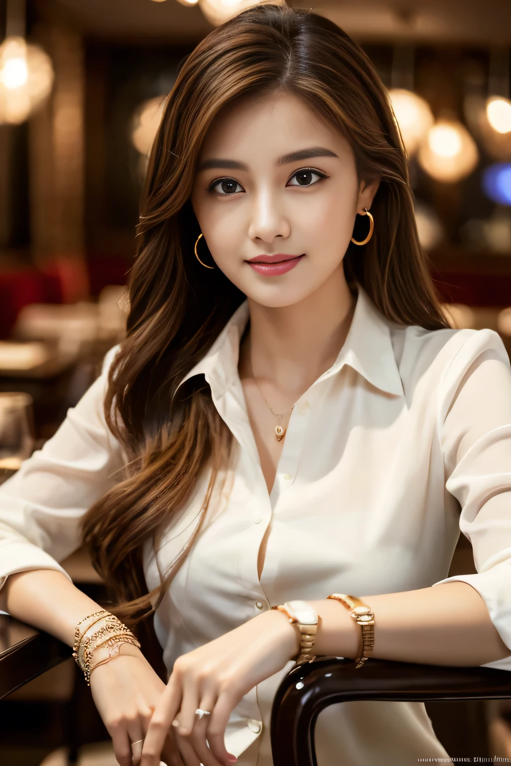 masterpiece, highest quality, Realistic, Very detailed, The finer details, High resolution, 8k wallpaper, One beautiful woman, Wear casual business attire, In a great restaurant, At night, Light brown messy hair, Perfect dynamic composition, Beautiful and beautiful eyes、Earrings、