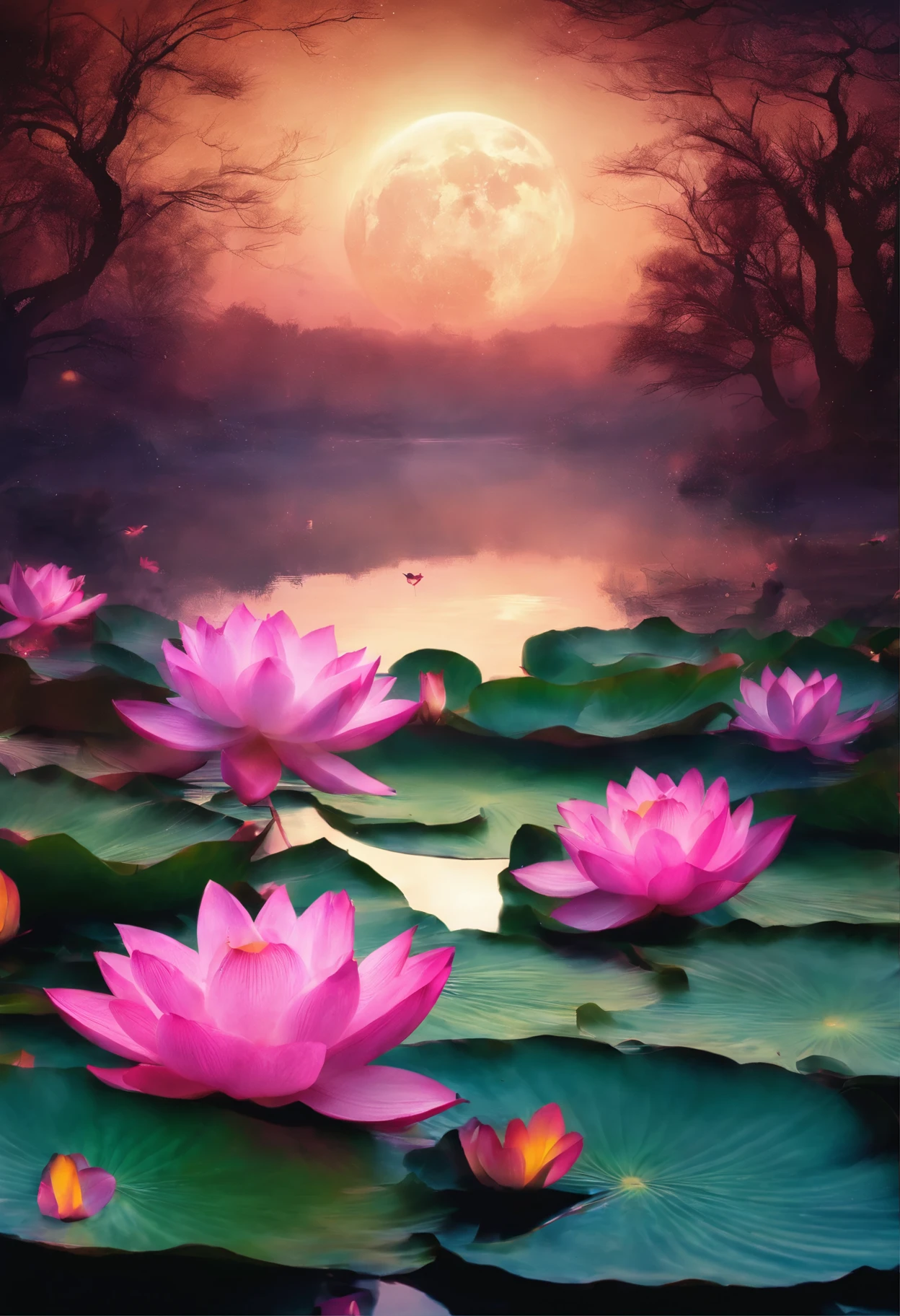 (masterpiece,Real photography,Simple composition:1.5),night,moonlight over lotus pond,Beautiful artistic conception,Realistic style,Magnificent atmosphere