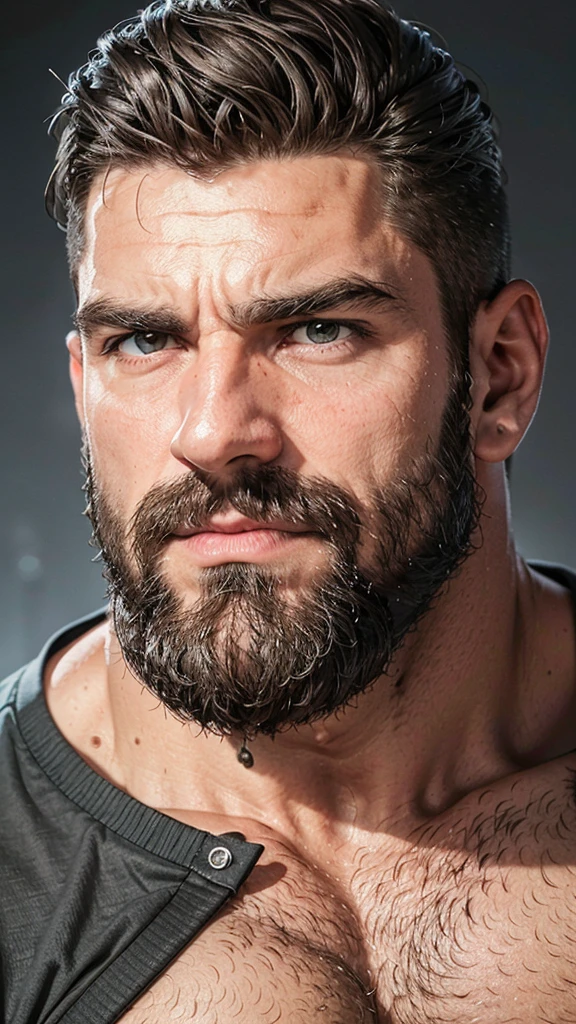 (melhor qualidade,4k,8k,high resolution,obra de arte:1.2),ultra-detalhado, homem musculoso, barbudo, corpo imponente,[olhar intenso],Intimidating presence, terrifying presence,figura masculina,[imponente shadows],Realismo corajoso,hipermasculinidade, macrophilia,extreme detailed description,ombros largos,cabelos escuros,[restolho no queixo],imponente silhouette,cores vivas,pelos corporais,estilo de barba distinto,postura dominante,figura dominante,sharp focus,dominant presence,Unyielding pose,senso de autoridade, vestindo roupas apertadas, local colorido, bem iluminado, vivido.