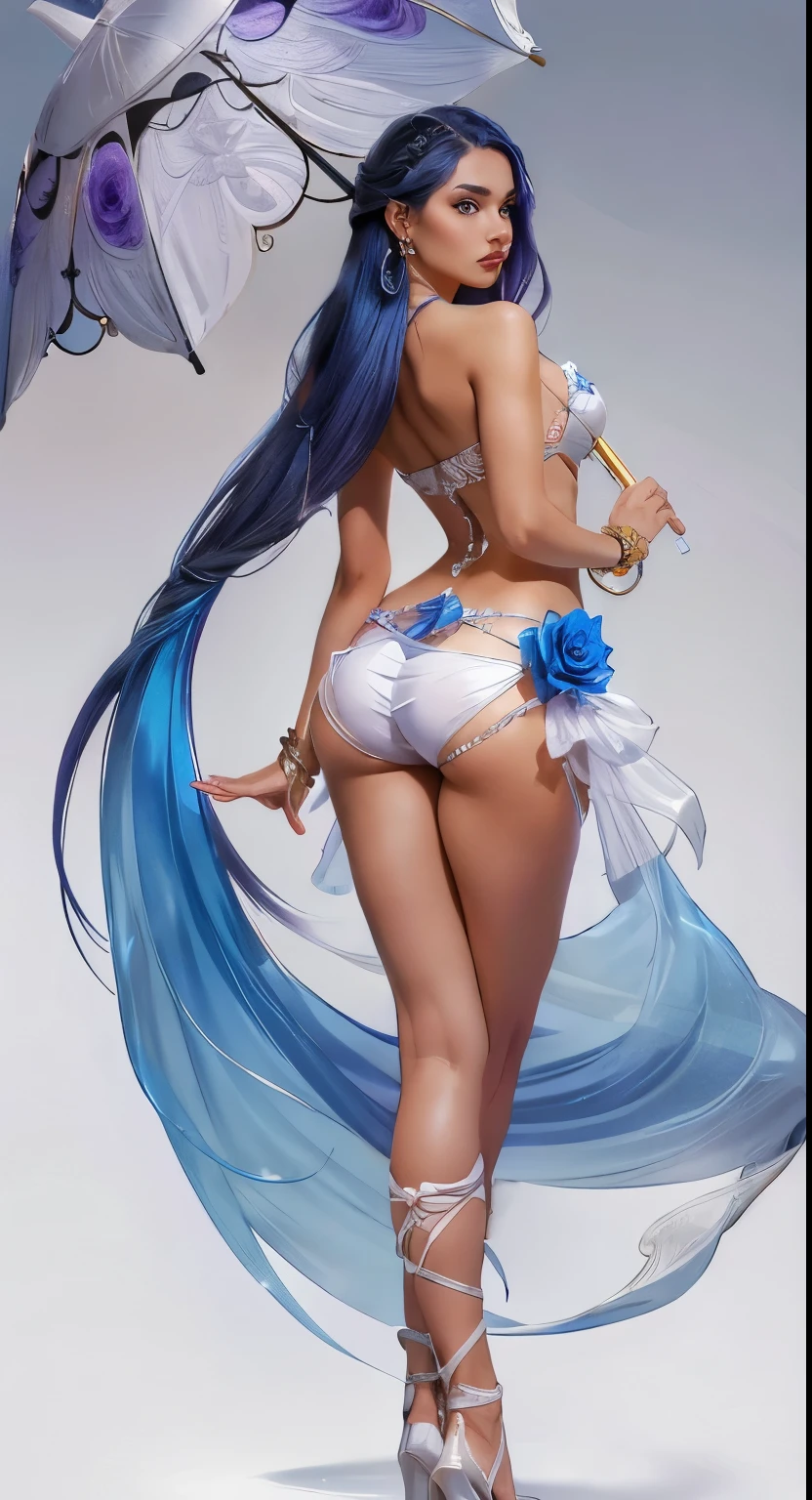 1girl, solo, long hair, breasts, looking at viewer, simple background, hair ornament, holding, bare shoulders, jewelry, medium breasts, very long hair, blue hair, standing, purple eyes, swimsuit, full body, ass, flower, bikini, earrings, looking back, from behind, high heels, bracelet, rose, umbrella, back, white bikini, white footwear, black background, holding umbrella, sarong, parasol