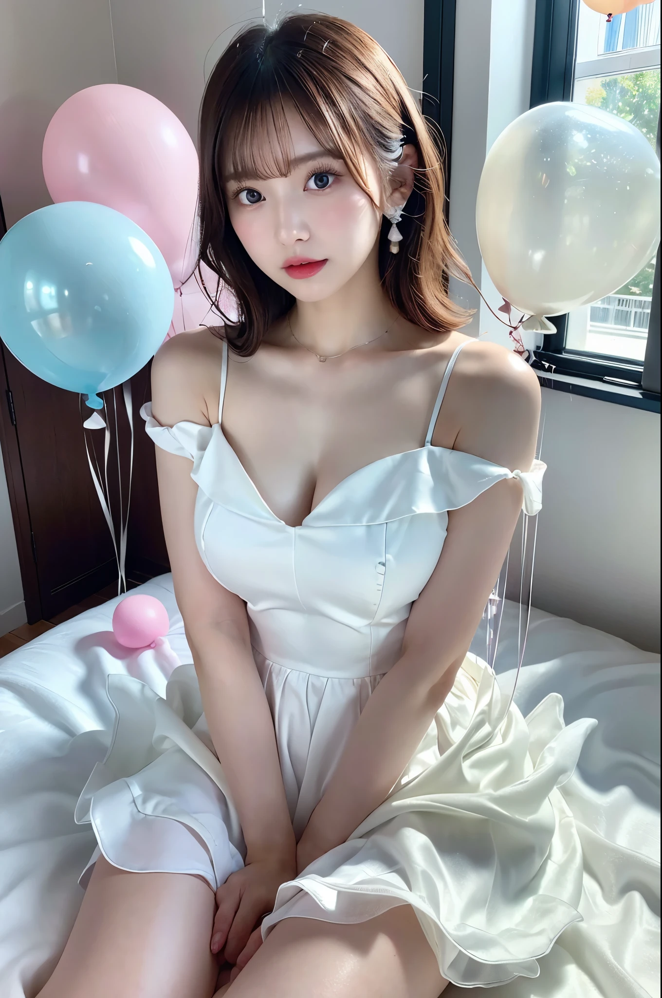 (masterpiece:1.2),(CGI Art:1.3),(Realistic:1.5),(Post-processing:1.3),(Sharp focus:1.3),8k,One girl in the bedroom, ((Upper Body)), ((White Dress)), (((Shiny skin))), (Wide Shot:1.4), window,  (((Pastel colored balloons scattered in the background))), (High Shadow Detail) , (figure:1.2), (Ulzzang-6500:1.0), ((High resolution)),