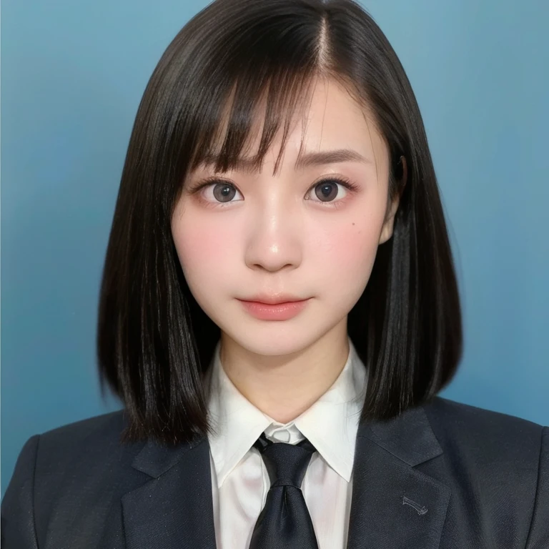 (kawaii 24 year-old Japanese girl, Nogizaka idol, Korean idol), (glossy black hair, short bob, aligned and symmetric hair length:1.3), (pure black eyes, rounded face, single eyelid, no makeup, serious expression:1.2), (wearing suit jacket, collared shirt, necktie:1.3), (extra small breasts:0.9), (looking at viewer:1.2), BREAK, (simple blue background, yearbook background:1.3), (portrait, id photo, bust shot, view from vertically straight forward:1.3), (enough upper margin of background:1.3), BREAK, (masterpiece, best quality, photo realistic, official art:1.4), (UHD, 8K quality wallpaper, high resolution, raw photo, golden ratio:1.3), (shiny skin), professional lighting, physically based rendering, award winning, (highly detailed skin, extremely detailed face and eyes), Carl Zeiss 85 mm F/1.4, depth of field, 1girl, solo,