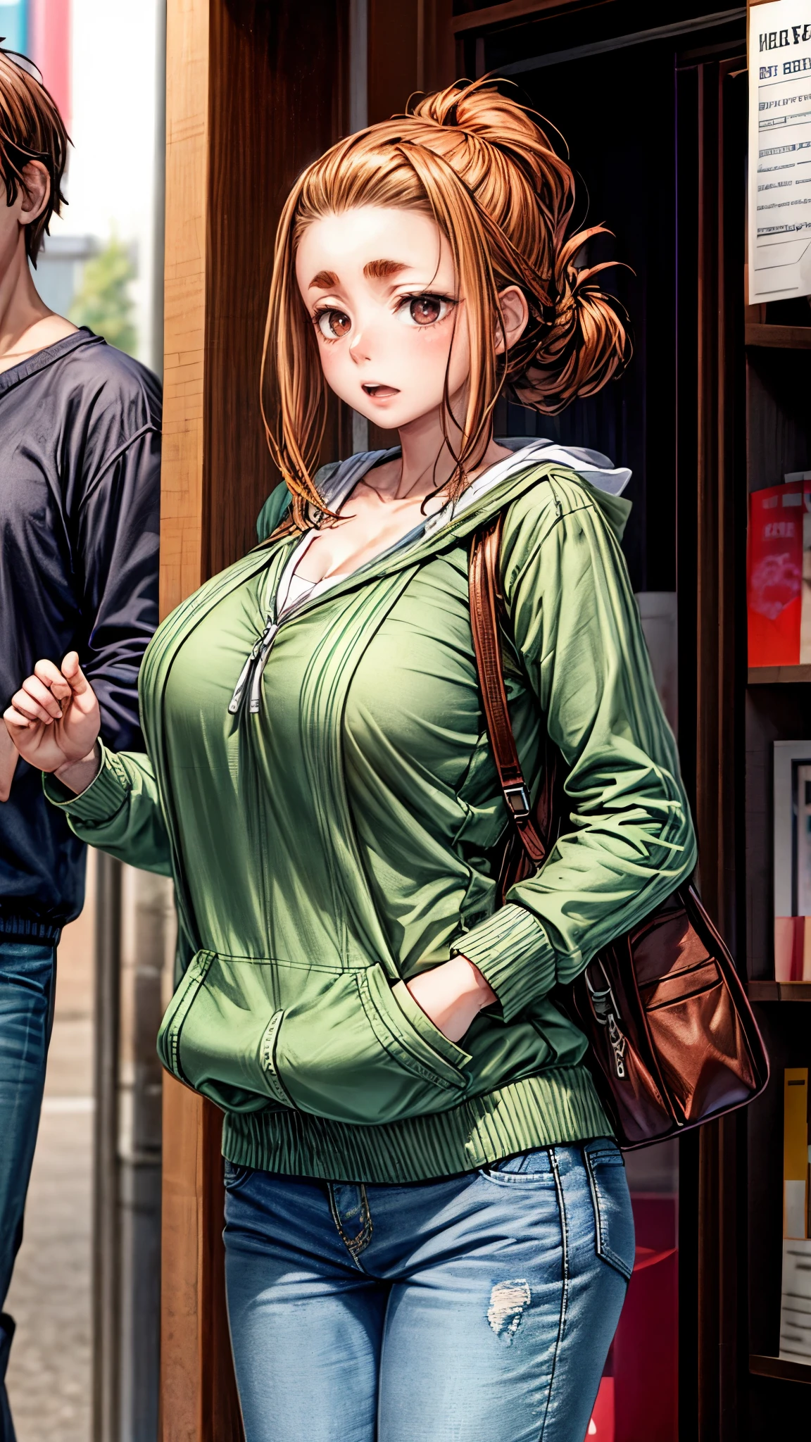 (masterpiece, best quality:1.2), solo, 1girl, ogawa sumireko, ((white pupils)), detailed eyes, hair up, half eyebrows, hood, green jacket, open jacket, ((wering sweater, detailed sweater, jeans pants)), thick body, fullbody: 1.5, long sleeves, upper body, bookstore, indoors, depth of field, large breasts, mature female, breasts squeezed together, v arms, looking at viewer, embarrassed, blush, csr style texture