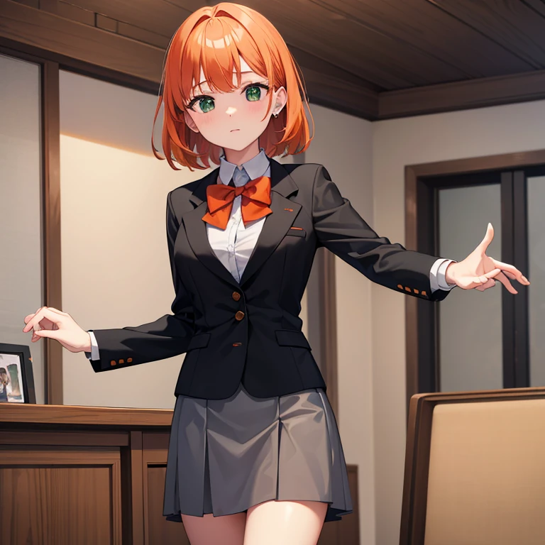 best quality,4k,8k,highres,masterpiece:1.2),
orange hair, gray skirt, red bow, white blouse, green and black blazer.