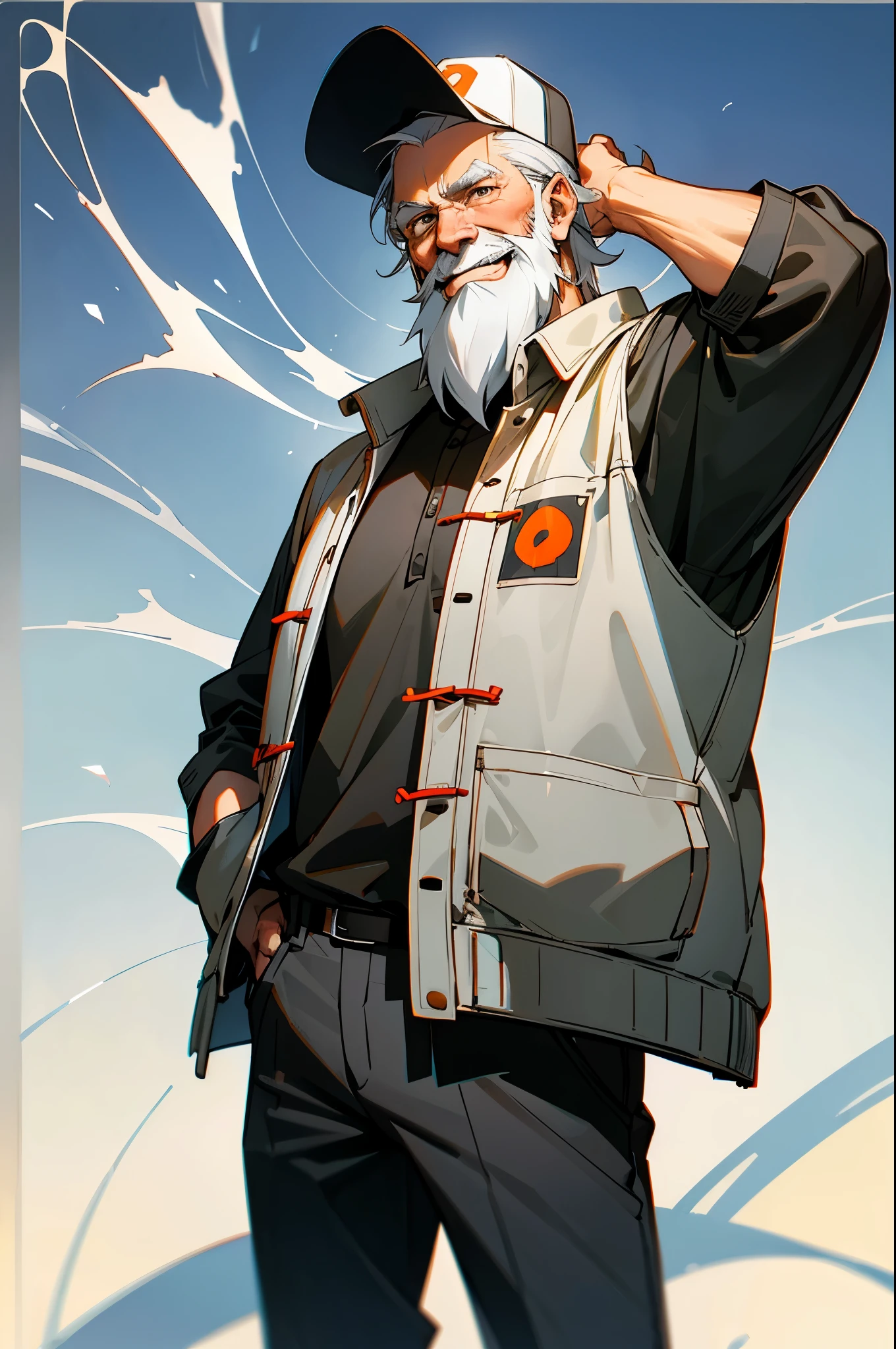 Grandpa, grandfather,Full of gray hair,He has a white beard,A kind smile,Wear a former baseball player's jacket and pants,is a retired baseball player,It is also Xiao Ming's enlightenment coach。arms in pockets