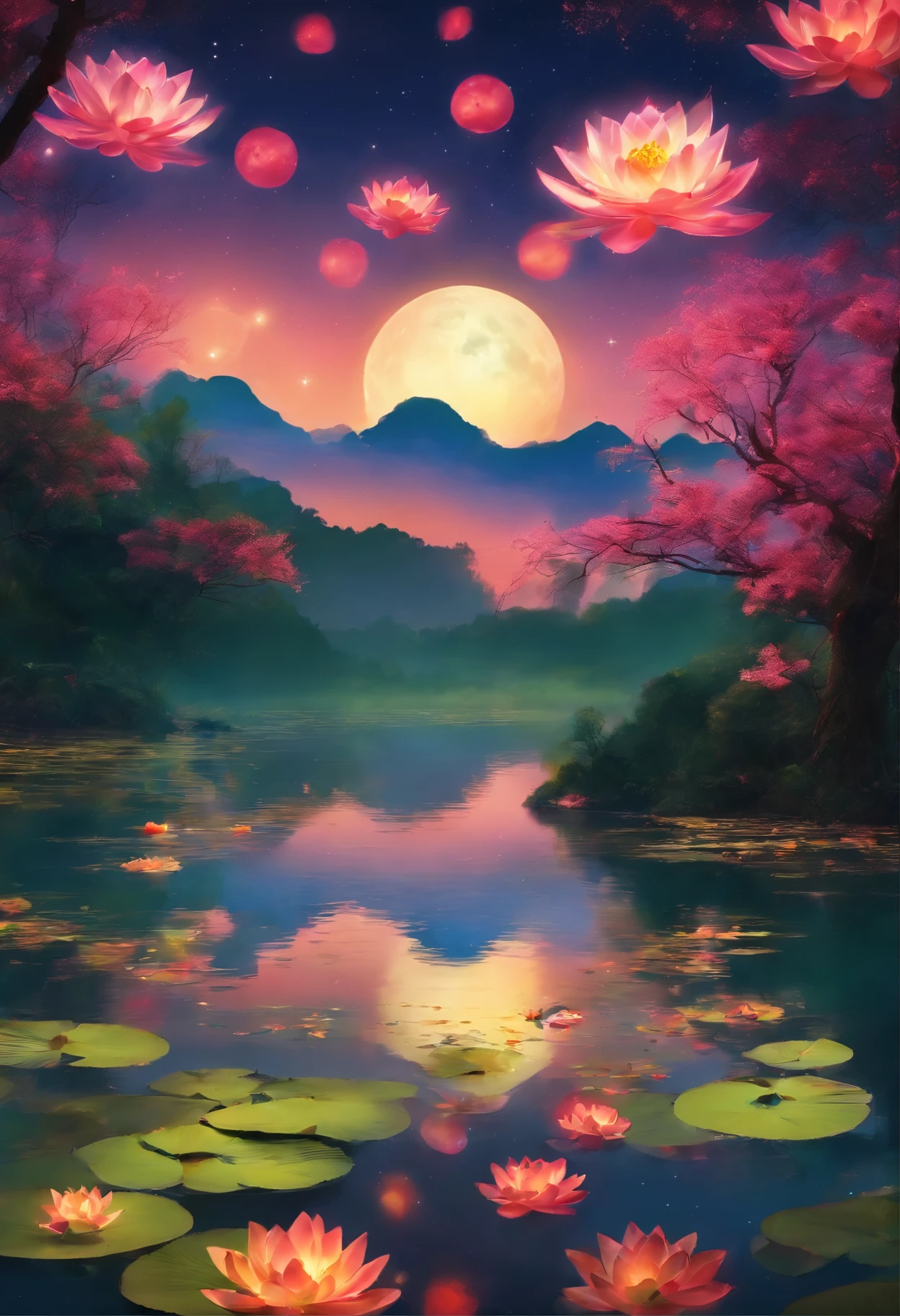 (masterpiece，Real photography，Simple composition：1.5），night，moonlight over lotus pond，Beautiful artistic conception，Realistic style，Magnificent atmosphere