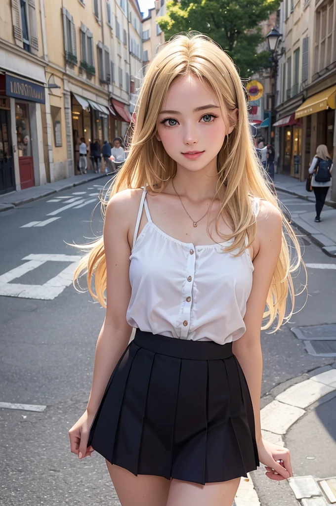 Photorealistic,masterpiece, best quality,ultra-detailed ,girl,18yo,((showing panties to tourist)),skirt,blonde hair,very happy,fresh lips,Lyon: France,street of lyon,