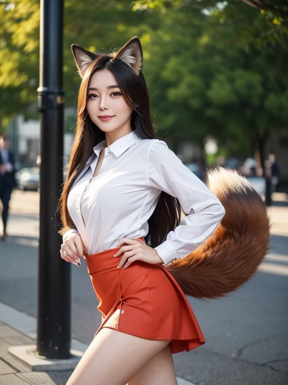 ((highest quality)), ((masterpiece)), (Get used to it), Perfect Face, Fox Girl, Beautiful woman, public, There is a tail, she has a fox tail, She wags her fluffy tail, smile, collar, She wears a business suit, Beautiful hip line, Her tail is sticking out from her tight skirt