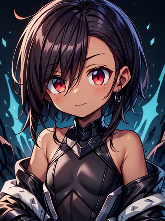 Masterpiece High res, high definition, (((dark skin tone))),dark skin male, dark skin, cute shota,red eyes, black hairpin, brown hair, medium dark brown hair,wearing a black exoskeleton, detached sleeves, black armoured Gauntlets, black tech jacket, black bodysuit,black exoskeleton, black fingerless gloves, blue gems, close up
