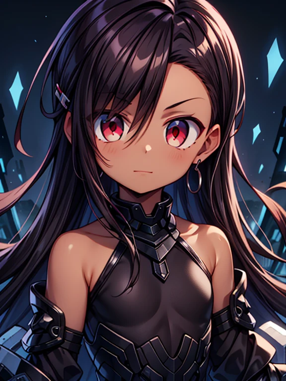 Masterpiece High res, high definition, (((dark skin tone))),dark skin male, dark skin, cute shota,red eyes, black hairpin, brown hair, medium dark brown hair,wearing a black exoskeleton, detached sleeves, black armoured Gauntlets, black tech jacket, black bodysuit,black exoskeleton, black fingerless gloves, blue gems, close up
