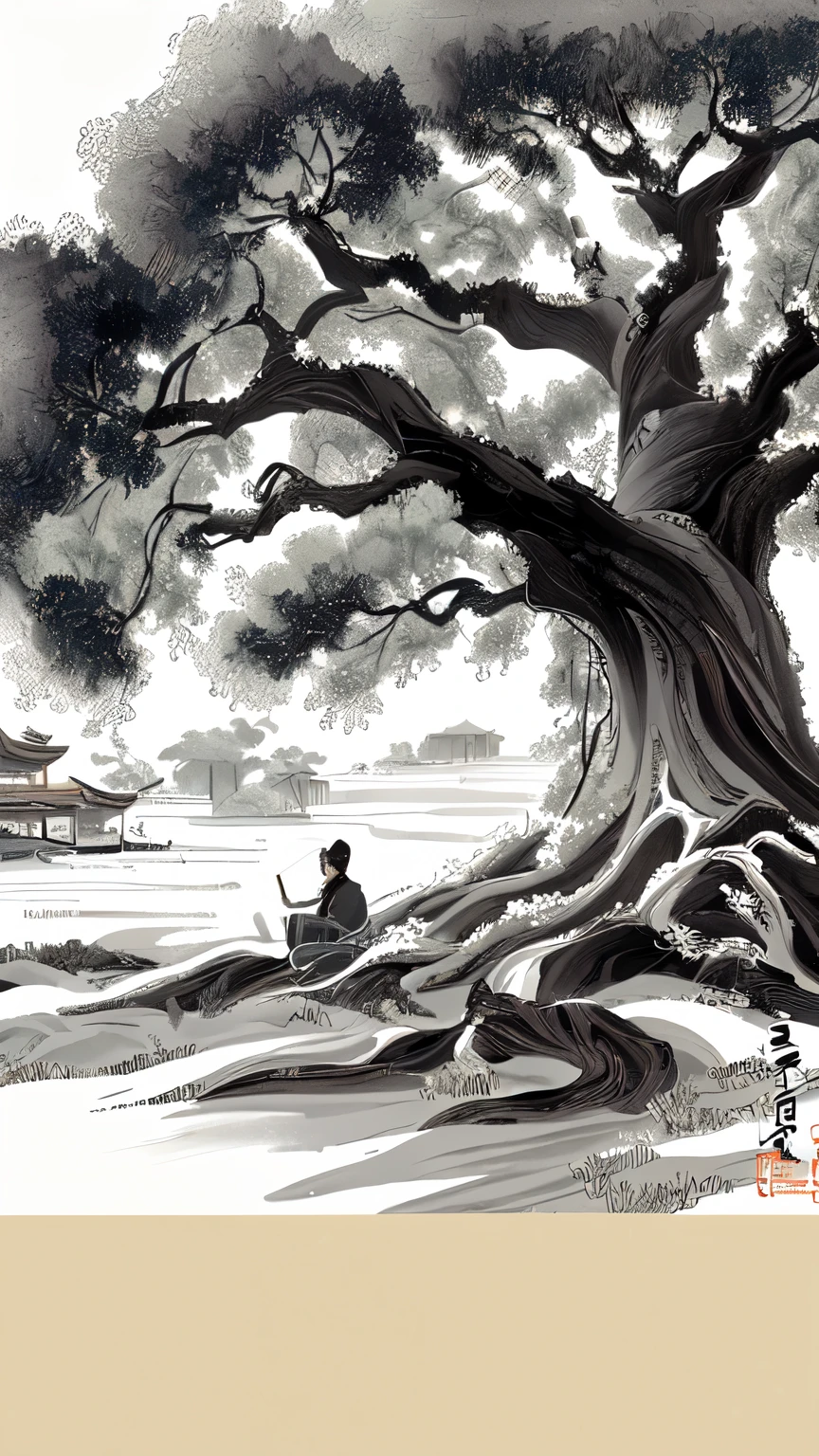 There is a painting，There is a tree in the painting，There was a man sitting under the tree, Chinese writing brush pen illustration, Delicate Japanese ink illustrations, 详细的Ink Painting插图, traditional 中国Ink Painting, Ink Painting, Ink electronic art, 中国Ink Painting, Ink style, 黑色Ink Painting, Ancient Trees, traditional Chinese painting, 中国Ink Painting, Chinese Artists