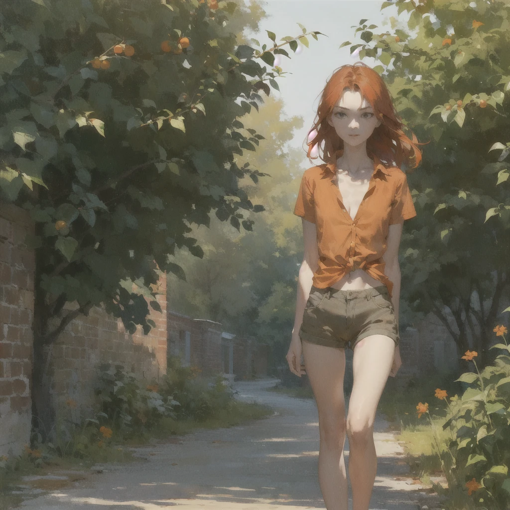 Beautiful slender thin exquisite (nude) girl 16 years old with a perfect face of the southern type with red hair with delicate beautiful expressive breasts with tender nipples barefoot with bare hips ((with red pubic hairs)) ((in an unbuttoned open light orange shirt over his naked body and short light orange shorts)) walks along a brick road in the middle of a flowering field ((к домику с coffee)), (coffeeйные напитки и оттенки), ((coffee)), in a gentle watercolor style, Discreet shades, sfumato, haze, diffused dim light, delicate mint shades, imitation of film photography, (olive and grape groves, Brick Road)