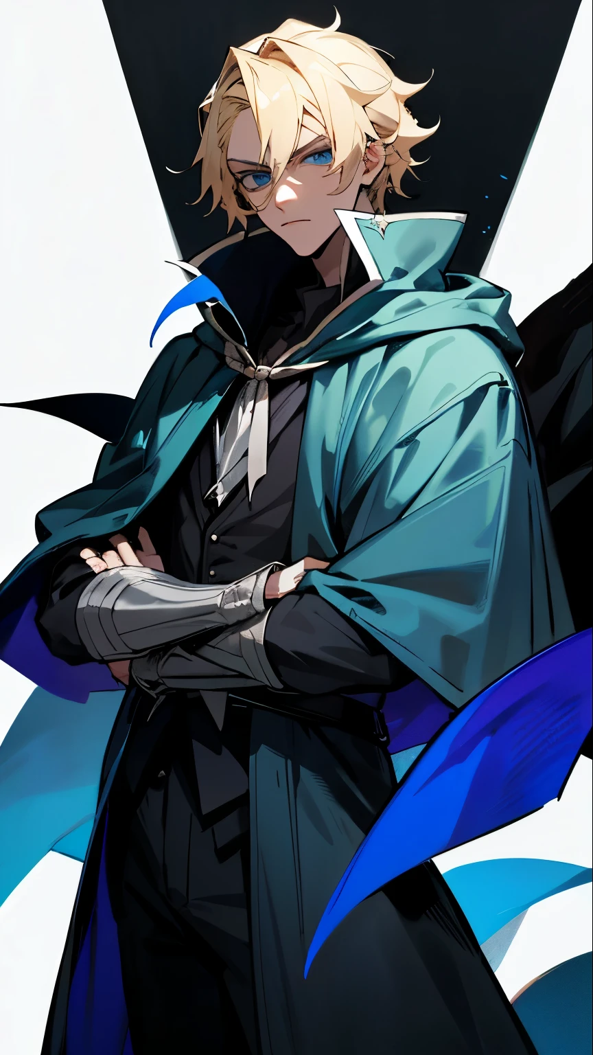 Make a blonde, blue-eyed vampire hunter, he wears a cloak around his neck, seus cabelos batem no ombros, He has a serious look