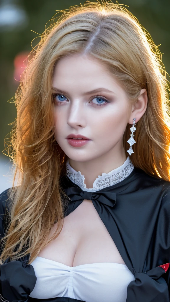 1 miniature Beautiful beautiful woman - Yuan Sayuki, ((top quality, 8K, Masterpiece:1.retty woman, 1 woman, huge breasts:1.3, a slim body:1.1, lush GINGER long hair, (shower, wet body, wet clothes:1.1), very detailed face, detailed lips, detailed eyes, double eyelids, Detailed blue eyes, чрезвычайно Detailed Outstanding Blue Eyes, long GINGER wet hair, GINGER wet hair, Detailed Outstanding Blue Eyes, innocent look at the viewer, very wet wavy white hair, Detailed Outstanding Blue Eyes, huge cross earrings, Outdoors, badges behind, gothic maid uniform, sexy maid dress, bare chest, huge chest tattoo, detailed huge catholic cross earrings, chest tattoo, Outside, wear a silver cross (Detailed cross shape), reality mode, wet breasts, black necklace, human crowd behind, black latex gloves, hair of white snowy colour, night time, red neon lights, demonic nun, nimbus (golden lighting ring above her head), angel, snowy weather, sexy pose, white lingerie, black maid dress, detailed flower wreath made of different colours, open chest