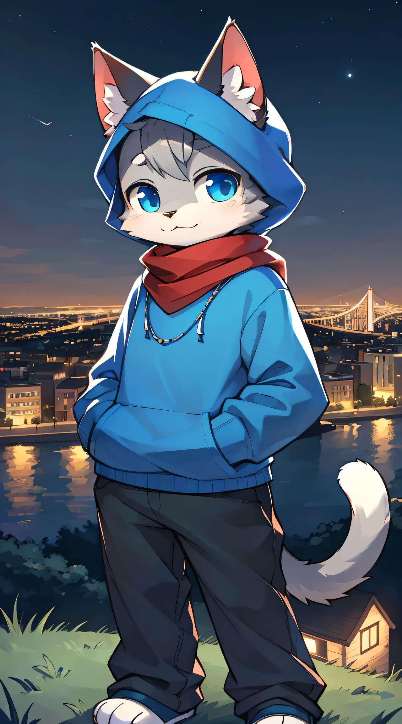 a full body, anthropomorphic old adult cat wearing a blue hoodie, pants and a red scarf aaround the neck, cute face , posing for a picture in a hill at night with a city in the distance
