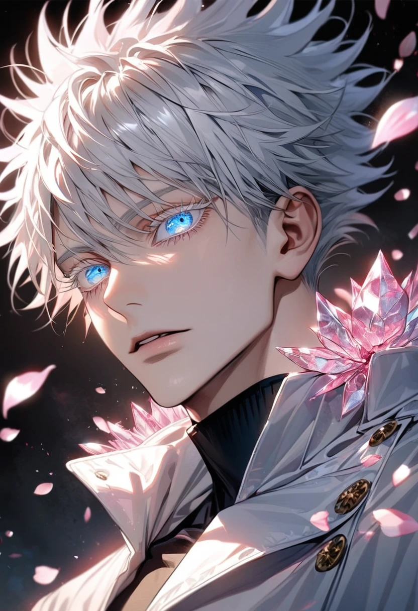 Ultra detailed, Highres, absurdres, HDR, Gojou Satoru, white hair with bangs, expressive blue eyes, white eyelashes, Jujutsu Kaisen, white long coat with patterns, pink ice flowers, petals, extremely handsome,  man, solo, extremely detailed eyes and face, black gloves, pink ice, pink ice butterflies, black tight t-shirt, 