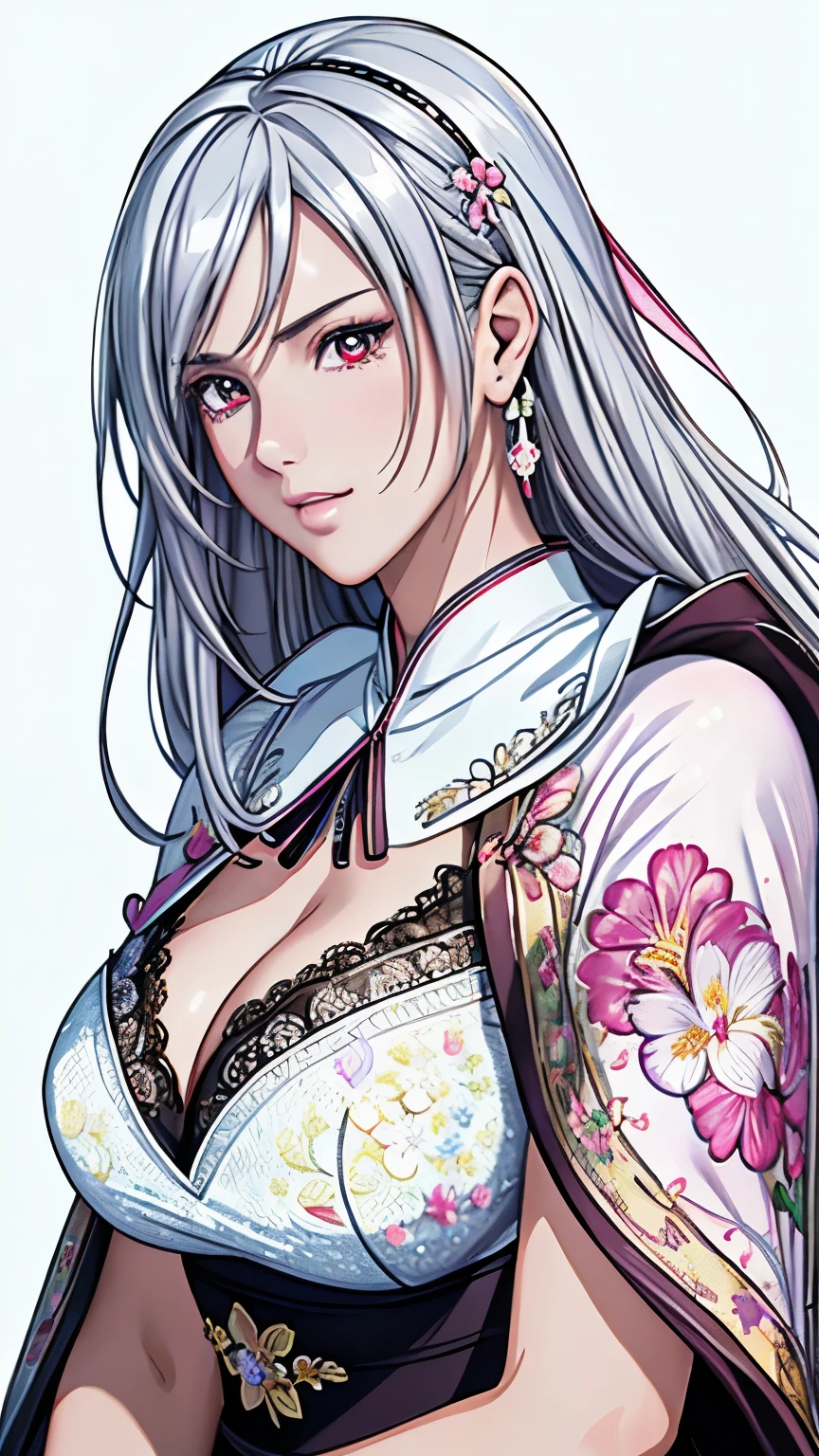 red eyes, (highest quality, masterpiece painting:1.3), immature woman, , (half body shot), masterpiece, ultra high resolution, (((Flower frame, Decorative panel, abstract art))), (shot from a side angle), ((A lot of flowers in the frame)),(Photoreal:1.0), ((light silver hair)),straight hair, beautiful shining hair, white and shining skin, ((Ultra realistic details)), octane rendering, highly detailed face, (big breasts:0.8), (make a heart with hands), (((Wearing Fluorescent fabric:harem outfit,Suzhou embroidery technique:Lace sequin cloak woven from feathers))), Fabric Glows, open neckline, cleavage, perfect body, soft skin, White cherry blossom embroidery pattern, silver earrings, (pure white background:1.4), sharp focus, intricate details, professional artwork, (bright colors:1.1), bright colors, diffused lighting, digital blending, ultra-definition body, ultra detail hair, super detailed face, trending on pixiv, top button open, compensate, perfect lips, perfect compensate, Ultra-precision coating, (light_smile:0.8), (Very embarrassed:1.2), blush your nose, (1girl in), Solo, (looking left),