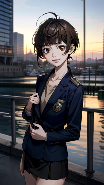 (masterpiece:1.2, top-quality), (realistic, photorealistic:1.4), beautiful illustration, (natural side lighting, movie lighting), 
looking at viewer, 1 girl, tsunemori akane, public security bureau criminal class 1, female surveillancer japanese, 
perfect face, perfect anatomy, cute and symmetrical face, shiny skin, 
(short hair, bob cut, brown hair), dark brown eyes, long eye lasher, (middle breasts), slender, 
beautiful hair, beautiful face, beautiful detailed eyes, beautiful clavicle, beautiful body, beautiful chest, beautiful thigh, beautiful legs, beautiful fingers, 
(navy tight skirt, navy jacket, shirt, police handgun holder on waist), 
(beautiful scenery), depth of field, morning, (city) standing, (smile), 