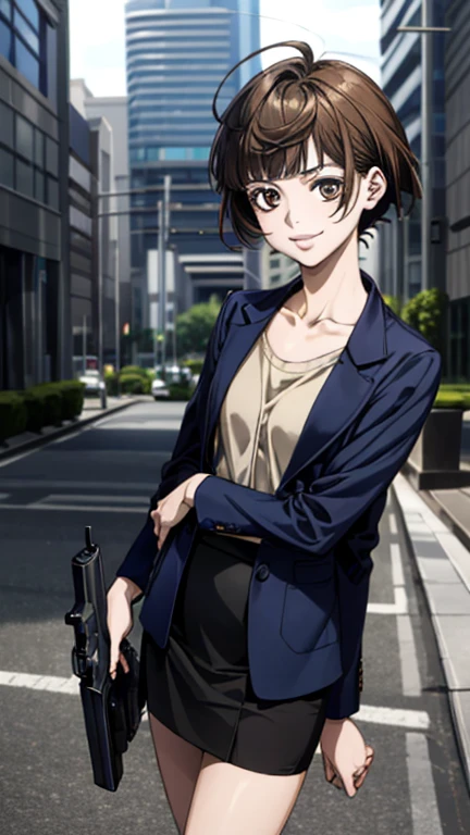 (masterpiece:1.2, top-quality), (realistic, photorealistic:1.4), beautiful illustration, (natural side lighting, movie lighting), 
looking at viewer, 1 girl, tsunemori akane, public security bureau criminal class 1, female surveillancer japanese, 
perfect face, perfect anatomy, cute and symmetrical face, shiny skin, 
(short hair, bob cut, brown hair), dark brown eyes, long eye lasher, (middle breasts), slender, 
beautiful hair, beautiful face, beautiful detailed eyes, beautiful clavicle, beautiful body, beautiful chest, beautiful thigh, beautiful legs, beautiful fingers, 
(navy tight skirt, navy jacket, shirt, police handgun holder on waist), 
(beautiful scenery), depth of field, morning, (city) standing, (smile), 