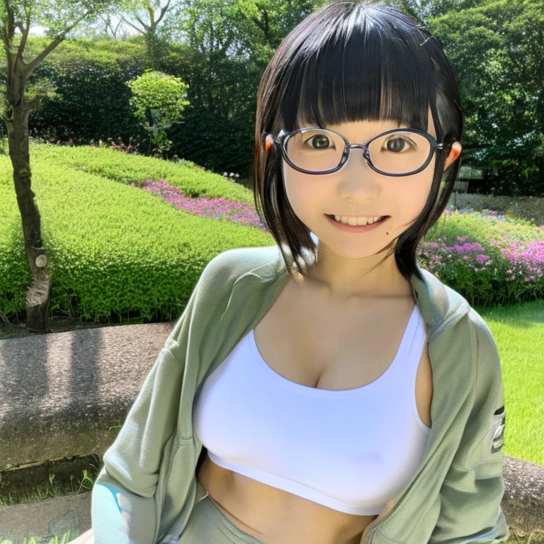 overtake高解像度, (Realistic: 1.4), （On the front）RAW Photos, 最high quality, (Photorealisticistic), ((small breasts)) ((18-year-old)), (White sports bra),((Glasses)), (front)(((Young Face))), (Written boundary depth), ((nipples visible through clothes))masterpiece, (Photorealistic), woman, bangs, 4K、overtake高画質、bangsぱっつん、Long black hair、Japanese style floral pattern:1.5、Expressionless:1.4、Slim and beautiful body、Beautiful breasts、Laughter、Whole Body Ezbian:1.2.Beautiful Skin, Blurred Background，Masterpieces，high quality，4K resolution，overtake