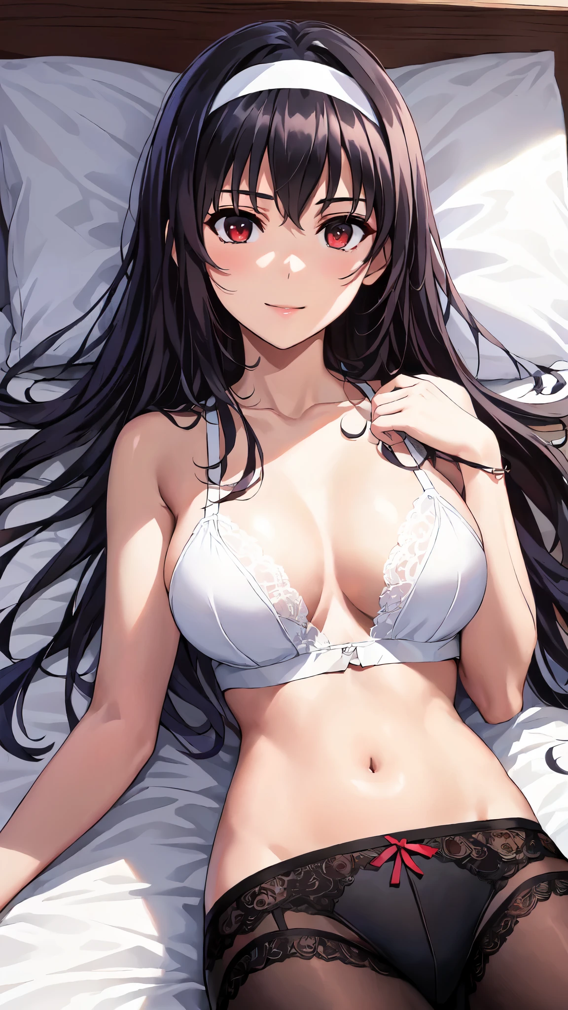 (masterpiece, highest quality), One girl,(lie on one's back:1.5), (18-year-old:1.4),lying,anime,Aesthetic Anime Eyes,Smile,alone, Long Hair, (Black Pantyhose), (Black Hair), Long Straight Hair,Red eyes, large breasts,White hair band, bangs,Bedroom,bed,(arms behind back),White pillow,(White lace underwear:1.4),