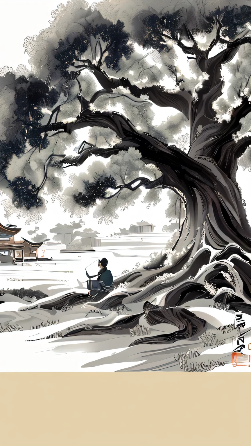 There is a painting，There is a tree in the painting，There was a man sitting under the tree, Chinese writing brush pen illustration, Delicate Japanese ink illustrations, Detailed Ink Painting Illustrations, traditional Chinese ink painting, Ink Painting, Ink electronic art, Chinese ink painting, Ink style, Black ink painting, Ancient Trees, traditional Chinese painting, Chinese ink painting, Chinese Artists