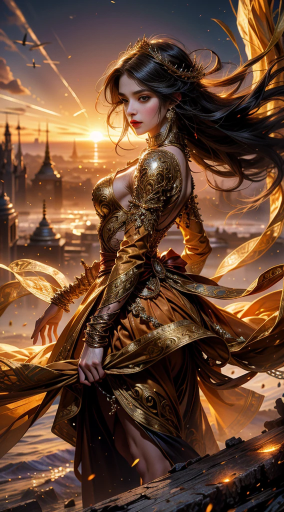 (Absurd, High Resolution, Super Detailed) 1 girl,standing alone in the twilight, embodying the spirit of the Goddess Aries, showcases a mature and Baroque appearance. Her long, elegant skirt flows gracefully in the wind, while her long sleeves, adorned with intricate patterns, add a rich and colorful touch to her attire. The Highest Detail can be observed in every fold of her skirt, every thread on her sleeves, as the sun sets behind her.
Her upper body is brutally sculpted with strength and efficiency, reminiscent of an enterprising humanitarian. The sun casts an amber glow on her shoulders